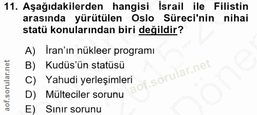 11. soru: Aşağıdakilerden hangisi İsrail ile Filistin arasında yürütülen Oslo Süreci'nin nihai statü konularından biri değildir…
