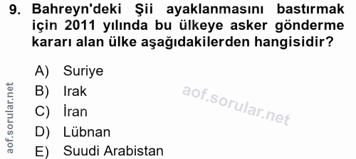 9. soru: Bahreyn'deki Şii ayaklanmasını bastırmak için 2011 yılında bu ülkeye asker gönderme kararı alan ülke aşağıdakilerden…