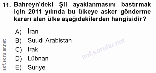 11. soru: Bahreyn'deki Şii ayaklanmasını bastırmak için 2011 yılında bu ülkeye asker gönderme kararı alan ülke aşağıdakilerden…