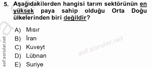 5. soru: Aşağıdakilerden hangisi tarım sektörünün en yüksek paya sahip olduğu Orta Dogu ülkelerinden biri değildir? A) Mısır B…