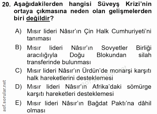 20. soru: Aşağıdakilerden hangisi Süveyş Krizi'nin ortaya çıkmasına neden olan gelişmelerden biri değildir? A) Mısır lideri Nâs…