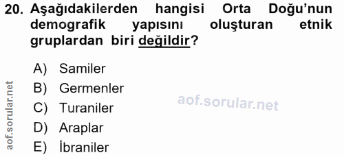 20. soru: Aşağıdakilerden hangisi Orta Doğu'nun demografik yapısını oluşturan etnik gruplardan biri değildir? A) Samiler B) Ger…