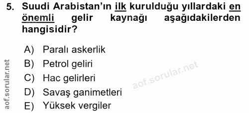 5. soru: Suudi Arabistan'ın ilk kurulduğu yıllardaki en önemli gelir kaynağı aşağıdakilerden hangisidir? A) Paralı askerlik B)…