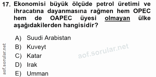 17. soru: Ekonomisi büyük ölçüde petrol üretimi ve ihracatına dayanmasına rağmen hem OPEC hem de OAPEC üyesi olmayan ülke aşağı…