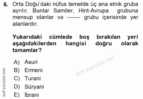 6. soru: Orta Doğu'daki nüfus temelde üç ana etnik gruba ayrılır. Bunlar Samiler, Hint-Avrupa grubuna mensup olanlar ve -- gru…