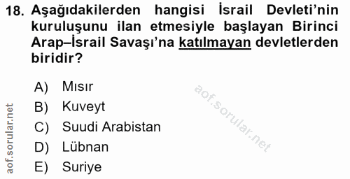 18. soru: Aşağıdakilerden hangisi İsrail Devleti'nin kuruluşunu ilan etmesiyle başlayan Birinci Arap-İsrail Savaşı'na katılmaya…