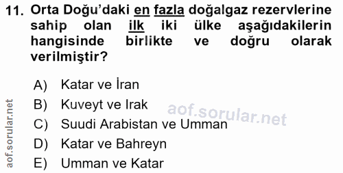 11. soru: Orta Doğu'daki en fazla doğalgaz rezervlerine sahip olan ilk iki ülke aşağıdakilerin hangisinde birlikte ve doğru ola…