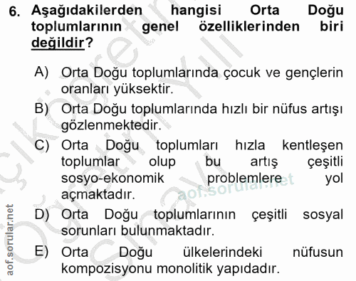 6. soru: Aşağıdakilerden hangisi Orta Doğu toplumlarının genel özelliklerinden biri değildir? A) Orta Doğu toplumlarında çocuk…