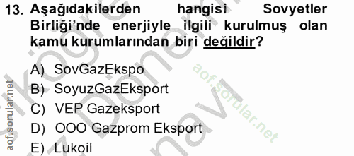 13. soru: Aşağıdakilerden hangisi Sovyetler Birliği'nde enerjiyle ilgili kurulmuş olan kamu kurumlarından biri değildir? A) Sov…