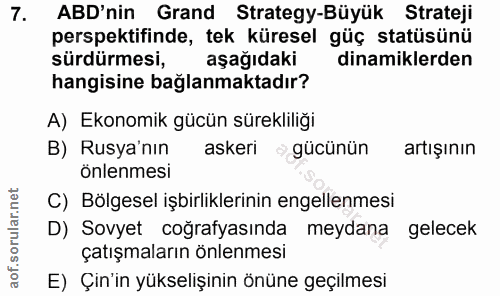 7. soru: ABD'nin Grand Strategy-Büyük Strateji perspektifinde, tek küresel güç statüsünü sürdürmesi, aşağıdaki dinamiklerden h…