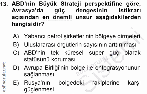 13. soru: ABD'nin Büyük Strateji perspektifine göre, Avrasya'da güç dengesinin istikrarı açısından en önemli unsur aşağıdakiler…