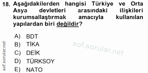 18. soru: Aşağıdakilerden hangisi Türkiye ve Orta Asya devletleri arasındaki ilişkileri kurumsallaştırmak amacıyla kullanılan y…