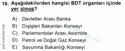16. soru: Aşağıdakilerden hangisi BDT organları içinde yer almaz? A) Devletler Arası Banka B) Dışişleri Bakanları Konseyi C) Pa…