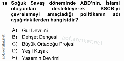 16. soru: Soğuk Savaş döneminde ABD'nin, İslami oluşumları destekleyerek SSCB'yi çevrelemeyi amaçladığı politikanın adı aşağıda…