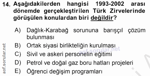 14. soru: Aşağıdakilerden hangisi 1993-2002 arası dönemde gerçekleştirilen Türk Zirvelerinde görüşülen konulardan biri değildir…