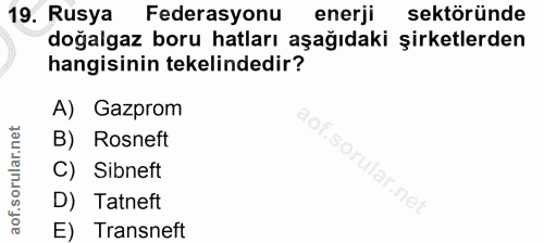 19. soru: Rusya Federasyonu enerji sektöründe doğalgaz boru hatları aşağıdaki şirketlerden hangisinin tekelindedir? A) Gazprom…