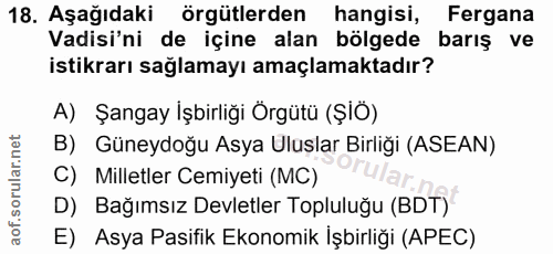 18. soru: Aşağıdaki örgütlerden hangisi, Fergana Vadisi'ni de içine alan bölgede barış ve istikrarı sağlamayı amaçlamaktadır? A…