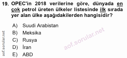19. soru: OPEC'in 2018 verilerine göre, dünyada en çok petrol üreten ülkeler listesinde ilk sırada yer alan ülke aşağıdakilerde…