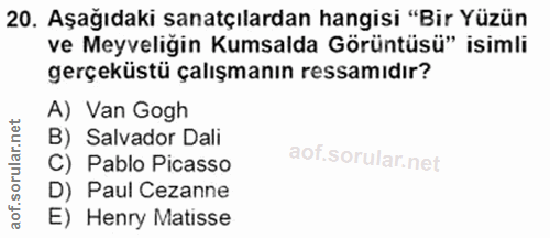 20. soru: Aşağıdaki sanatçılardan hangisi "Bir Yüzün ve Meyveliğin Kumsalda Görüntüsü" isimli gerçeküstü çalışmanın ressamıdır?…