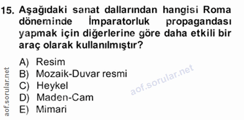 15. soru: Aşağıdaki sanat dallarından hangisi Roma döneminde imparatorluk propagandası yapmak için diğerlerine göre daha etkili…