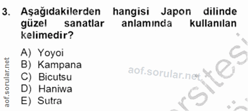 3. soru: Aşağıdakilerden hangisi Japon dilinde güzel sanatlar anlamında kullanılan kelimedir? A) Yoyoi B) Kampana C) Bicutsu D…