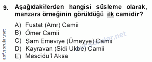 9. soru: Aşağıdakilerden hangisi süsleme olarak, manzara örneğinin görüldüğü ilk camidir? A) Fustat (Amr) Camii C) Şam Emeviye…