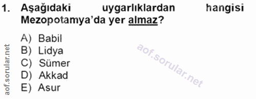 1. soru: Aşağıdaki uygarlıklardan hangisi Mezopotamya'da yer almaz? A) Babil B) Lidya C) Sümer D) Akkad E) Asur