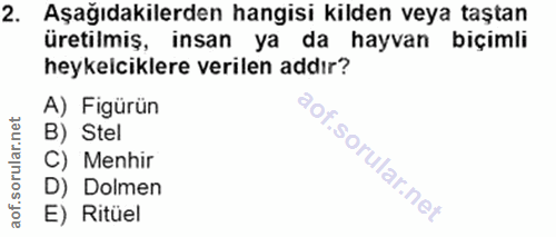 2. soru: Aşağıdakilerden hangisi kilden veya taştan üretilmiş, insan ya da hayvan biçimli heykelciklere verilen addır? A) Figü…