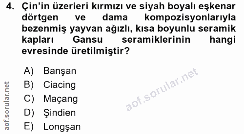 4. soru: Çin'in üzerleri kırmızı ve siyah boyalı eşkenar dörtgen ve dama kompozisyonlarıyla bezenmiş yayvan ağızlı, kısa boyun…