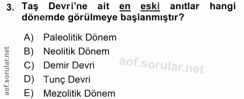 3. soru: Taş Devrine ait en eski anıtlar hangi dönemde görülmeye başlanmıştır? A) Paleolitik Dönem B) Neolitik Dönem C) Demir…