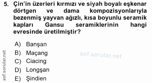 5. soru: Çin'in üzerleri kırmızı ve siyah boyalı eşkenar dörtgen ve dama kompozisyonlarıyla bezenmiş yayvan ağızlı, kısa boyun…
