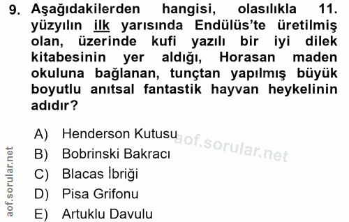 9. soru: Aşağıdakilerden hangisi, olasilikla 11. yüzyılın ilk yarısında Endülüs'te üretilmiş olan, üzerinde kufi yazılı bir iy…