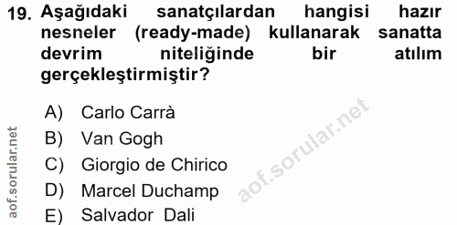19. soru: Aşağıdaki sanatçılardan hangisi hazır nesneler (ready-made) kullanarak sanatta devrim niteliğinde bir atılım gerçekle…