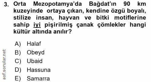 3. soru: Orta Mezopotamya'da Bağdat'ın 90 km kuzeyinde ortaya çıkan, kendine özgü boyalı, stilize insan, hayvan ve bitki motif…