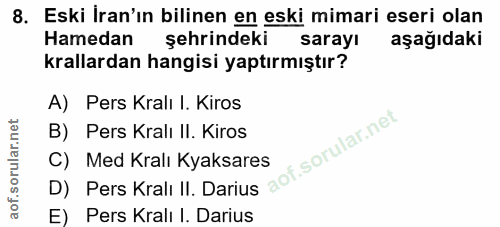 8. soru: Eski İran'ın bilinen en eski mimari eseri olan Hamedan şehrindeki sarayı aşağıdaki krallardan hangisi yaptırmıştır? A…