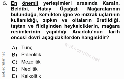 5. soru: En önemli yerleşimleri arasında Karain, Beldibi, Hatay Uçağızlı Mağaralarının bulunduğu, kemikten iğne ve mızrak uçla…