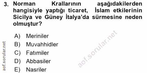 3. soru: Norman Krallarının aşağıdakilerden hangisiyle yaptığı ticaret, Islam etkilerinin Sicilya ve Güney İtalya'da sürmesine…