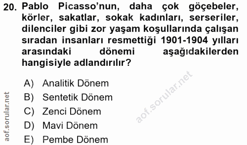 20. soru: Pablo Picasso'nun, daha çok göçebeler, körler, sakatlar, sokak kadınları, serseriler, dilenciler gibi zor yaşam koşul…