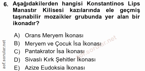 6. soru: Aşağıdakilerden hangisi Konstantinos Lips Manastır Kilisesi kazılarında ele geçmiş taşınabilir mozaikler grubunda yer…