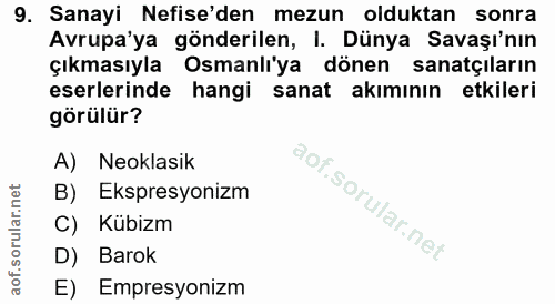 9. soru: Sanayi Nefise'den mezun olduktan sonra Avrupa'ya gönderilen, I. Dünya Savaşı'nın çıkmasıyla Osmanlı'ya dönen sanatçıl…