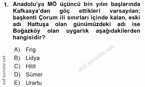 1. soru: Anadolu'ya MÖ üçüncü bin yılın başlarında Kafkasya'dan göç ettikleri varsayılan; başkenti Çorum ili sınırları içinde…