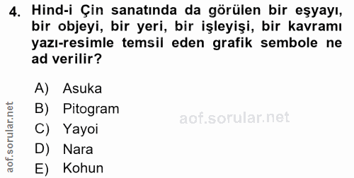 4. soru: Hind-i Çin sanatında da görülen bir eşyayı, bir objeyi, bir yeri, bir işleyişi, bir kavramı yazı-resimle temsil eden…