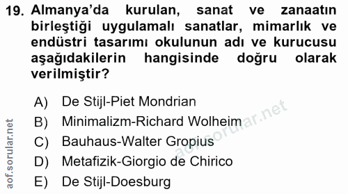 19. soru: Almanya'da kurulan, sanat ve zanaatin birleştiği uygulamalı sanatlar, mimarlık ve endüstri tasarımı okulunun adı ve k…
