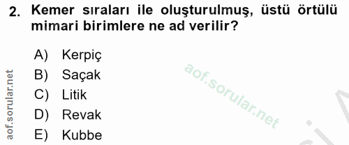 2. soru: Kemer sıraları ile oluşturulmuş, üstü örtülü mimari birimlere ne ad verilir? A) Kerpiç B) Saçak C) Litik D) Revak E)…
