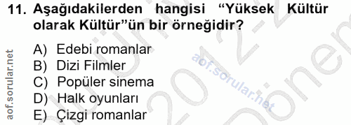 11. soru: Aşağıdakilerden hangisi "Yüksek Kültür olarak Kültür"ün bir örneğidir? A) Edebi romanlar B) Dizi Filmler C) Popüler s…