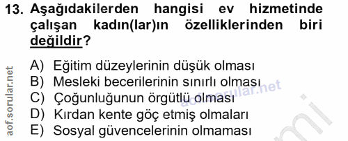13. soru: Aşağıdakilerden hangisi ev hizmetinde çalışan kadın(lar)ın özelliklerinden biri değildir? A) Eğitim düzeylerinin düşü…