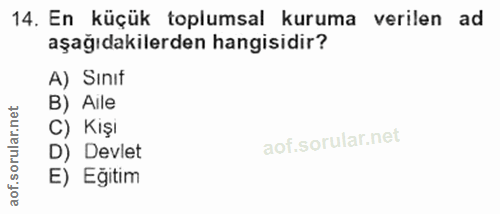 14. soru: En küçük toplumsal kuruma verilen ad aşağıdakilerden hangisidir? A) Sınıf B) Aile C) Kişi D) Devlet E) Egitim aof.