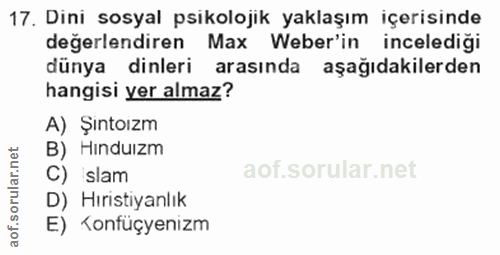 17. soru: Dini sosyal psikolojik yaklaşım içerisinde değerlendiren Max Weber'in incelediği dünya dinleri arasında aşağıdakilerd…