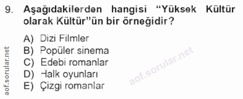 9. soru: Aşağıdakilerden hangisi "Yüksek Kültür olarak Kültür"ün bir örneğidir? A) Dizi Filmler B) Popüler sinema C) Edebi rom…