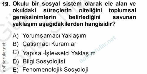 19. soru: Okulu bir sosyal sistem olarak ele alan ve okuldaki süreçlerin niteliğini toplumsal gereksinimlerin belirlediğini sav…